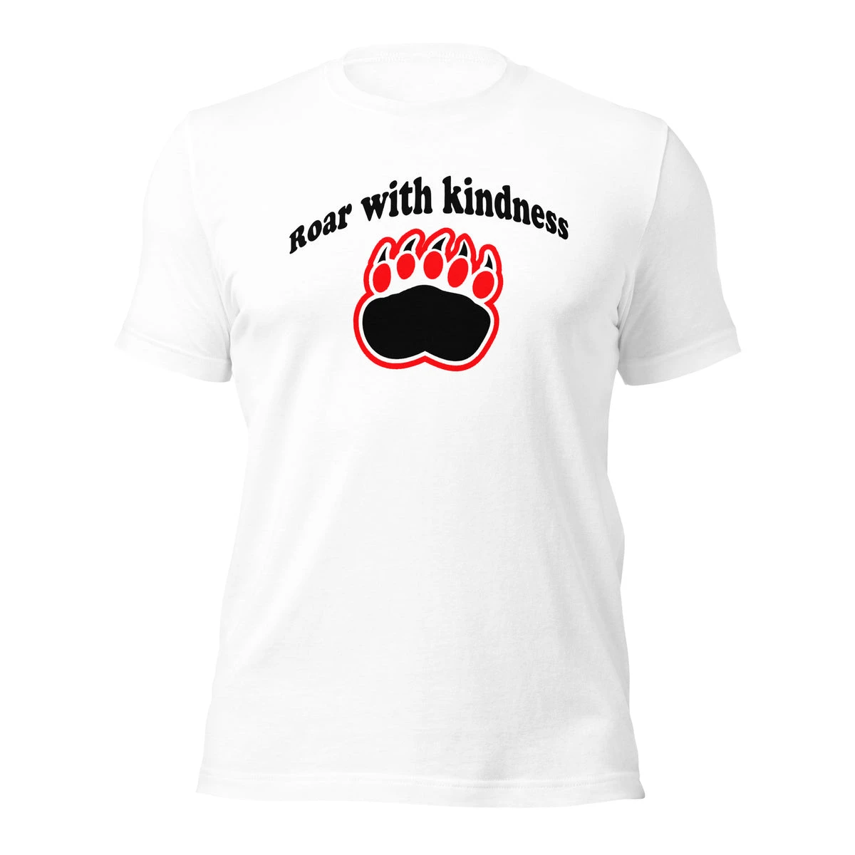 Load image into Gallery viewer, "Clawing for Kindness" T-shirt with "Roar with Kindness" Phrase and Bear Claw Illustration.